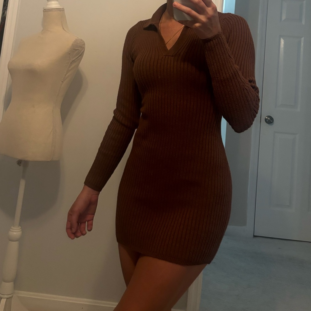 Hollister Brown Polo Collar Bodycon Sweater Dress
